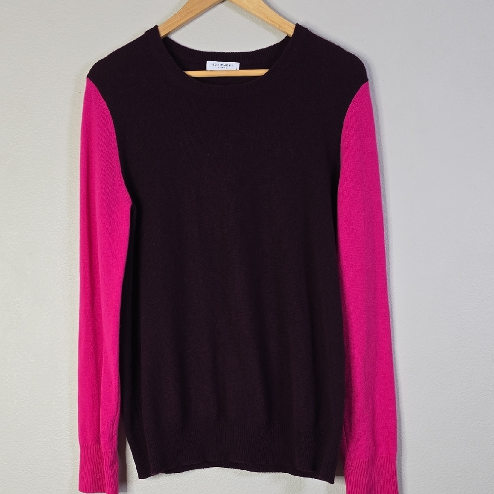 Equipment Burgundy and Pink Contrast Crew Neck Sweater